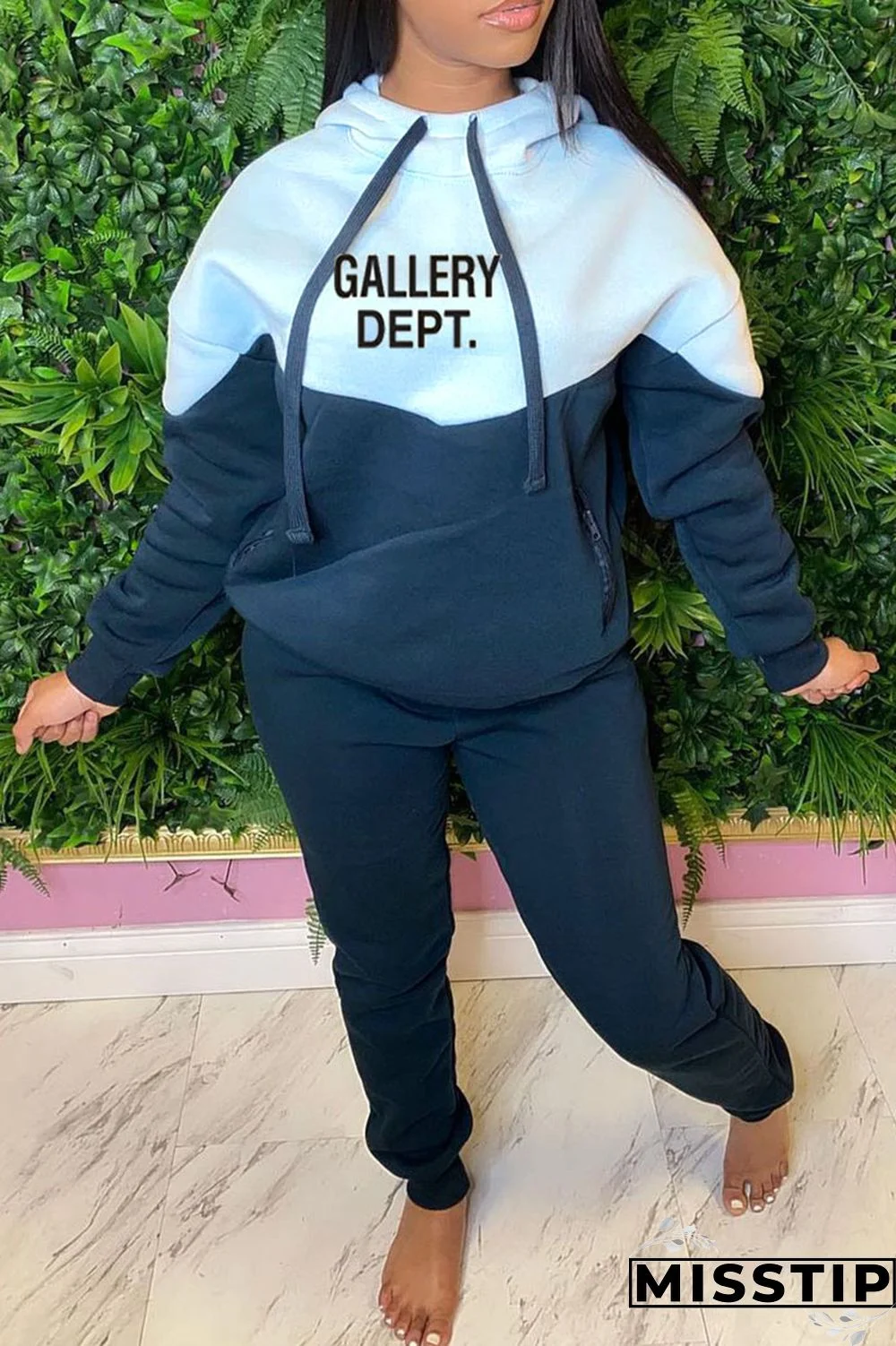Blue Casual Print Patchwork Hooded Collar Long Sleeve Two Pieces