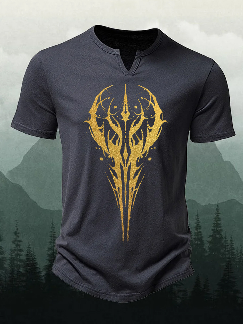Men's Golden Dragon Print Short Sleeve V-neck Shirt