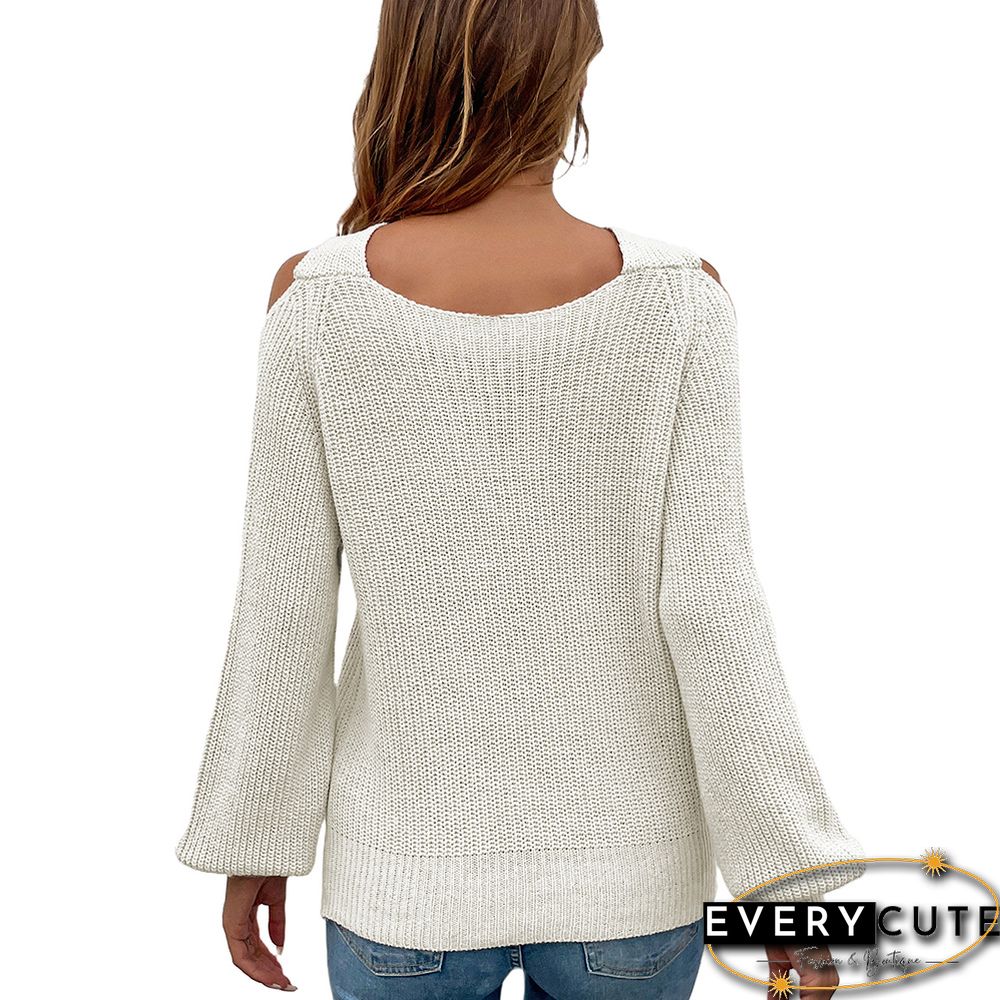 Beige Cross Halter Puff Sleeve Knit Sweater
