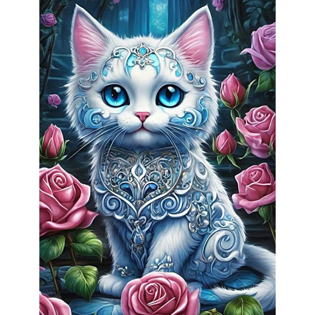 Full Round Diamond Painting - Cat In Rose Blossoms(Canvas|30*40cm)