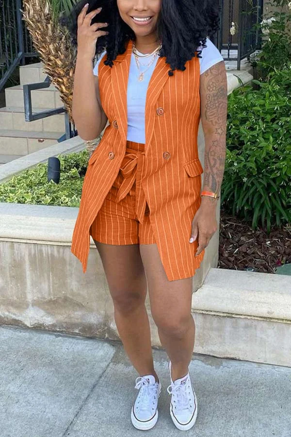 Casual Stripe Print Vest Jacket Shorts Set