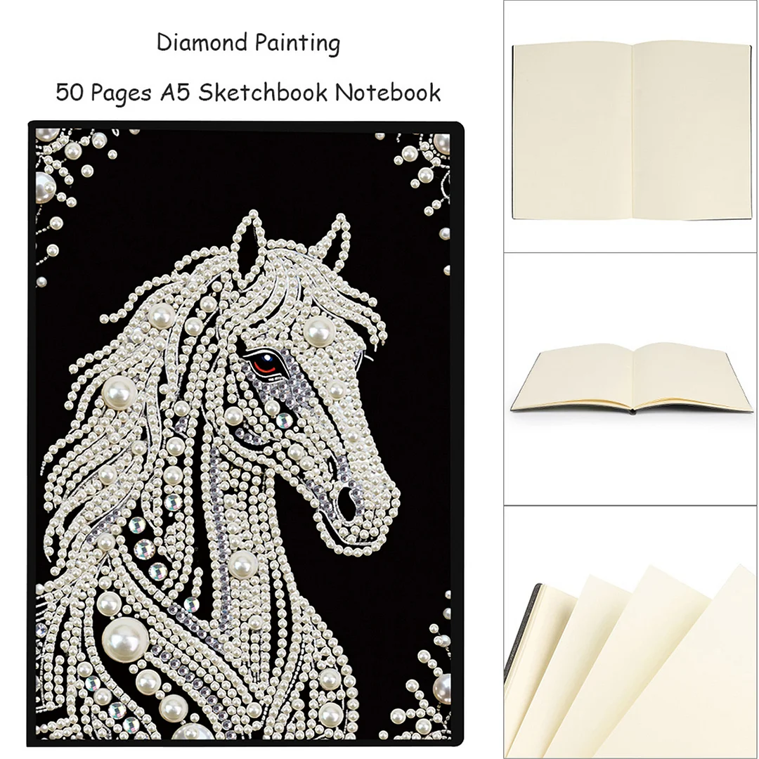 Horses Partial Pearl DIY 50 Pages A5 Diamond Painting Notebook Special Shaped Diamond Art Diary Book Kits Wireless Strip 5D Crystal Art Paintings Sketchbook for Art Drawing