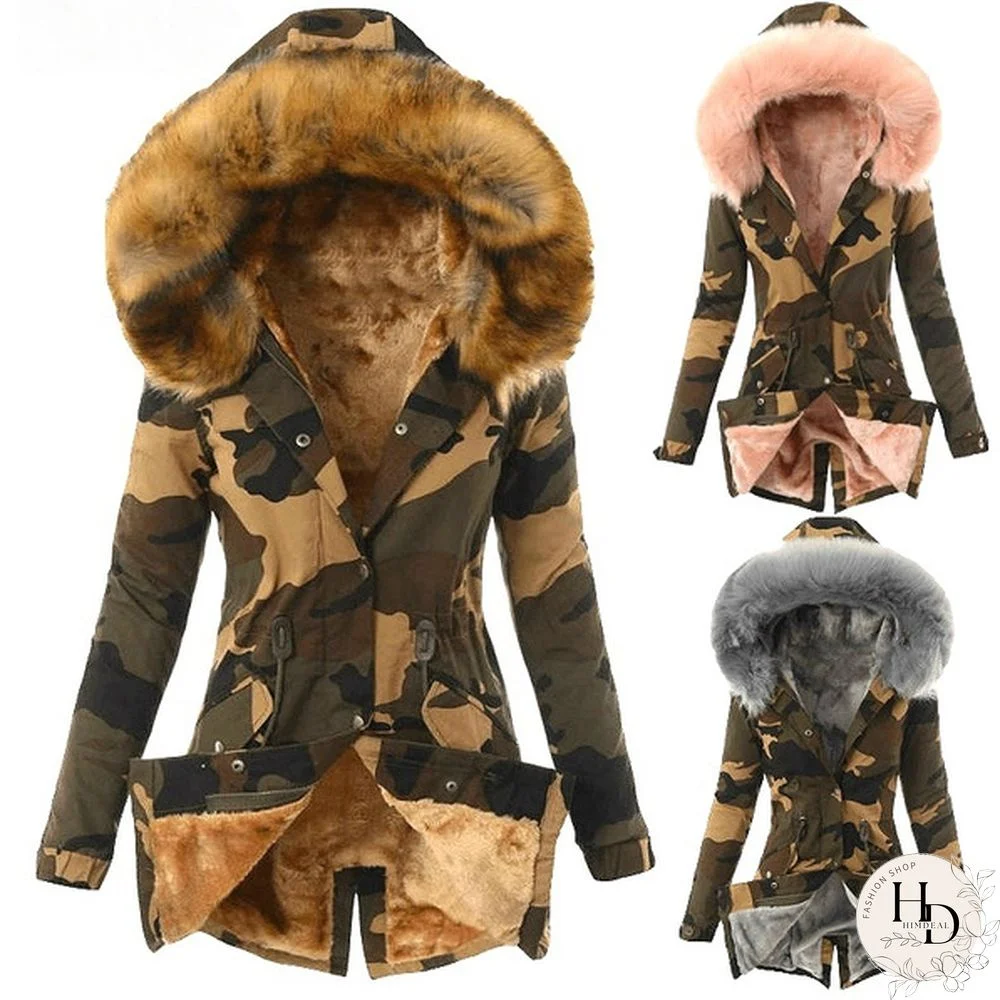 Winter Warm Fashion Womens Camouflage Print Hooded Parka Coat Casual Outwear Military Hooded Fur Coats