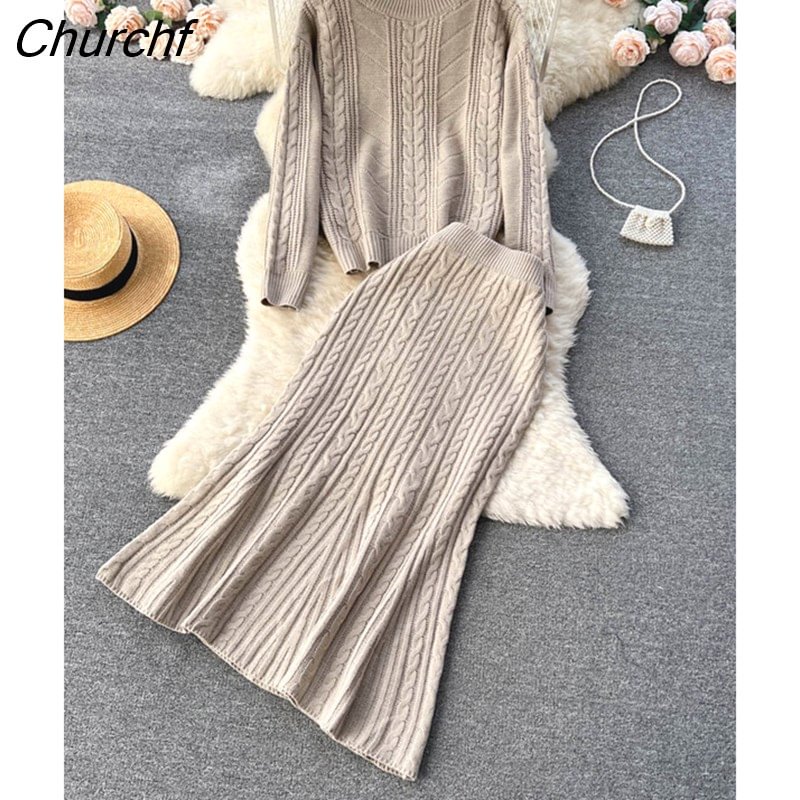 Churchf Women Knitted Sets French Senior O Neck knit Top+Long Fashtail Skirt Fashion Thick Sweater Two Pieces Suits