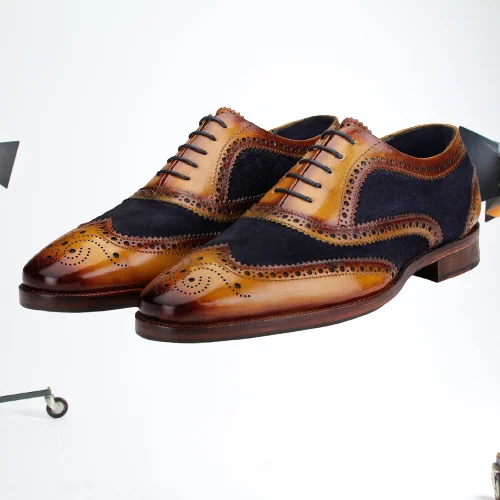 Mens Two tone wingtip brogue dress shoes, Men leather And suede shoes