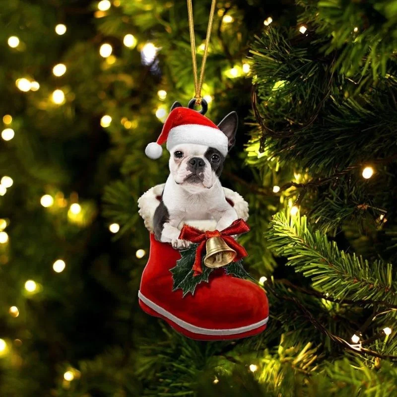 VigorDaily Boston Terrier In Santa Boot Christmas Hanging Ornament SB079