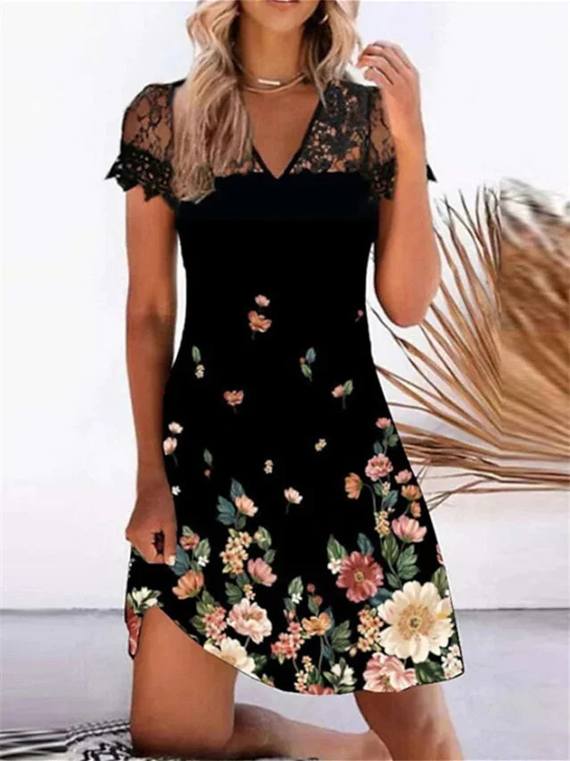 Women plus size clothing Women's Lace Graphic Summer Dress Leaf V-Neck Short Dress Maxi Dress-Nordswear