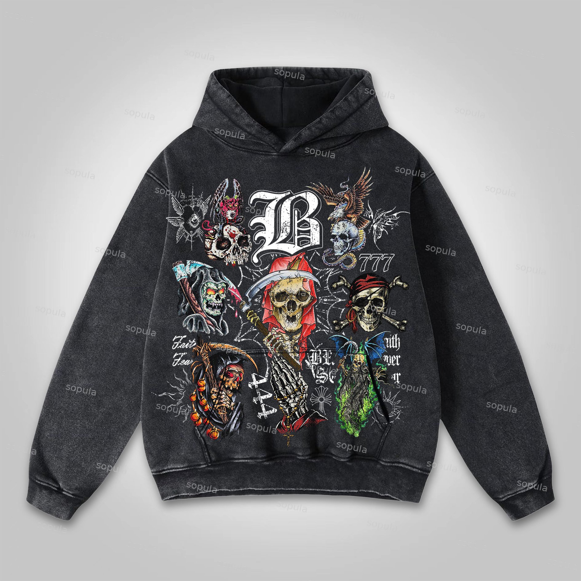 Sopula Vintage Skull Faith Prayer Graphic Print Washed Hoodie