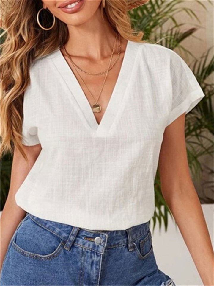 Summer New Solid Color Cotton Linen Loose Half-sleeve V-neck Short-sleeved Shirt -vasmok