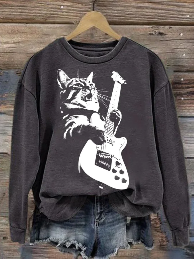 Eagerlys Women's Rock Cat Playing Guitar Print Long Sleeve Sweatshirt Eagerlys