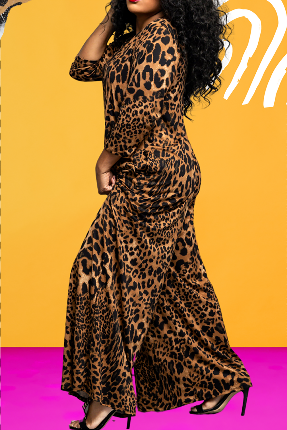 Plus Size Daily Brown Leopard Round Neck 3/4 Sleeve Wide Leg Knitted Jumpsuits [Pre-Order]