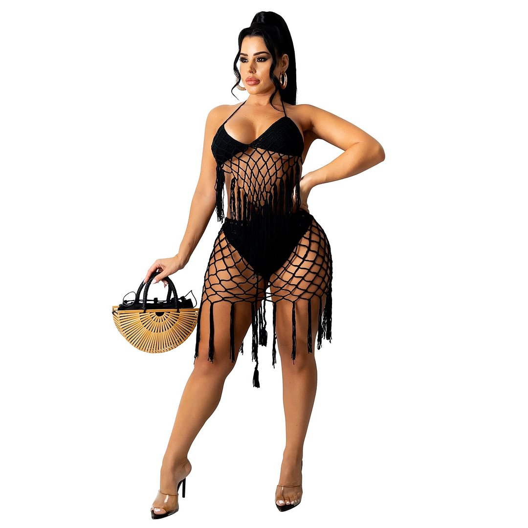 ANJAMANOR Crochet Knitted Hollow Tassel 2 Piece Bikinis Shorts Sets White Sexy Beach Summer Dress Bathing Suit Skirt D48-EZ20
