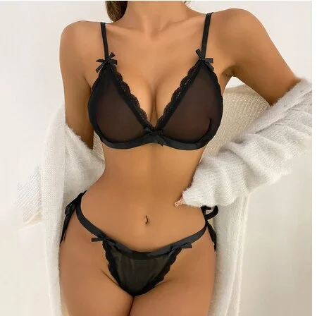 Uaang Mesh Lingerie Set Women Steel Ring Push Up Bra And Panty Set Thong Lingerie Transparent 2 Piece Erotic Costumes Underwear