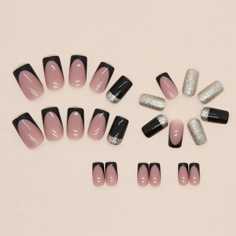 Churchf Churchf And Long European Square Fake Nails Flash Gold Pink Black French Fake Nails Fashion Ins Wind Beauty Nail Piece