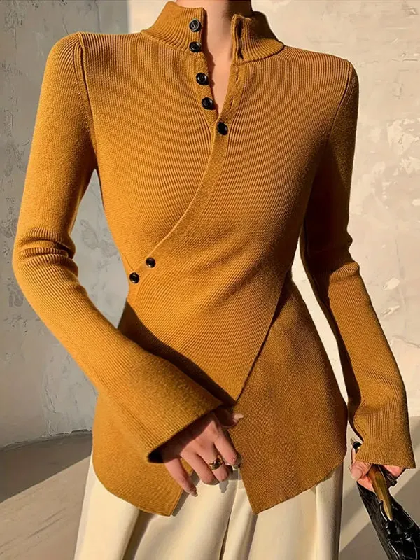 Long Sleeves Asymmetric Split-front Split-Joint V-neck Sweater Tops