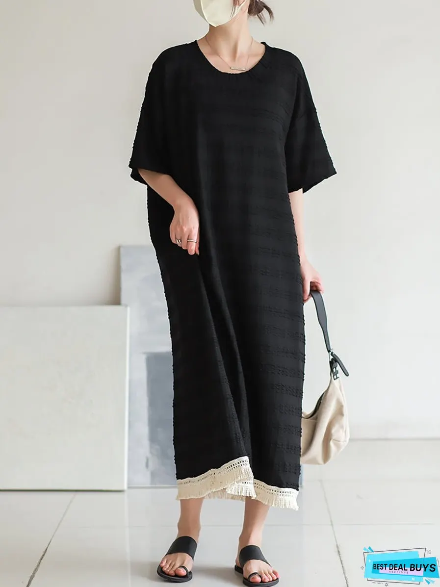 Vintage Stripe Jacquard Tassel Solid Loose Dress