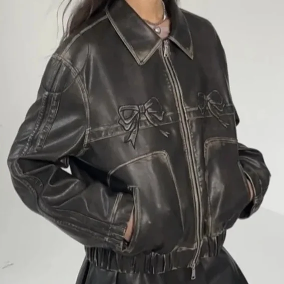 Toloer 2024 Women's Leather Personality Street Sweet Cool Black Bow Leather Jacket Jacket Female-Outfit Ideas