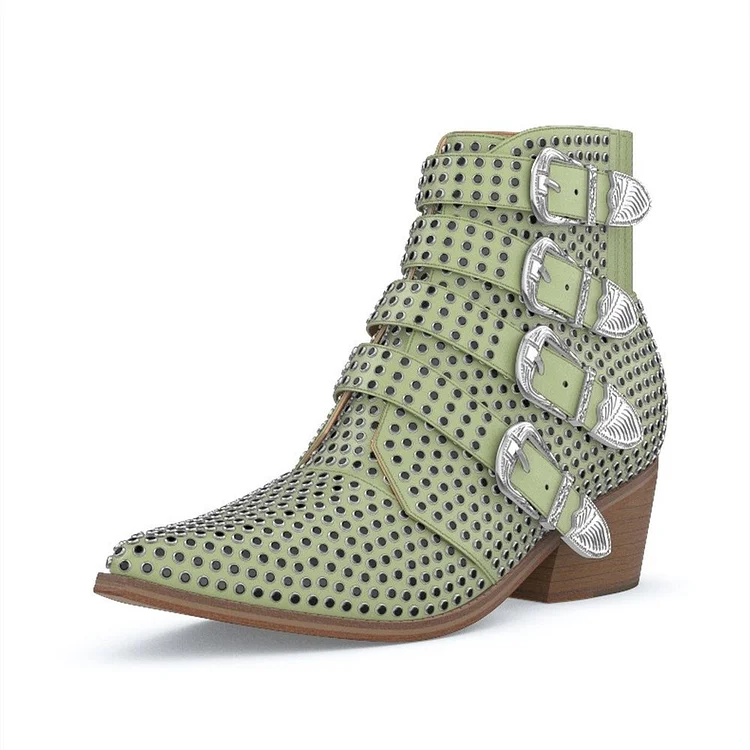 Green Buckles Studs Fashion Boots Block Heel Ankle Boots |FSJ Shoes