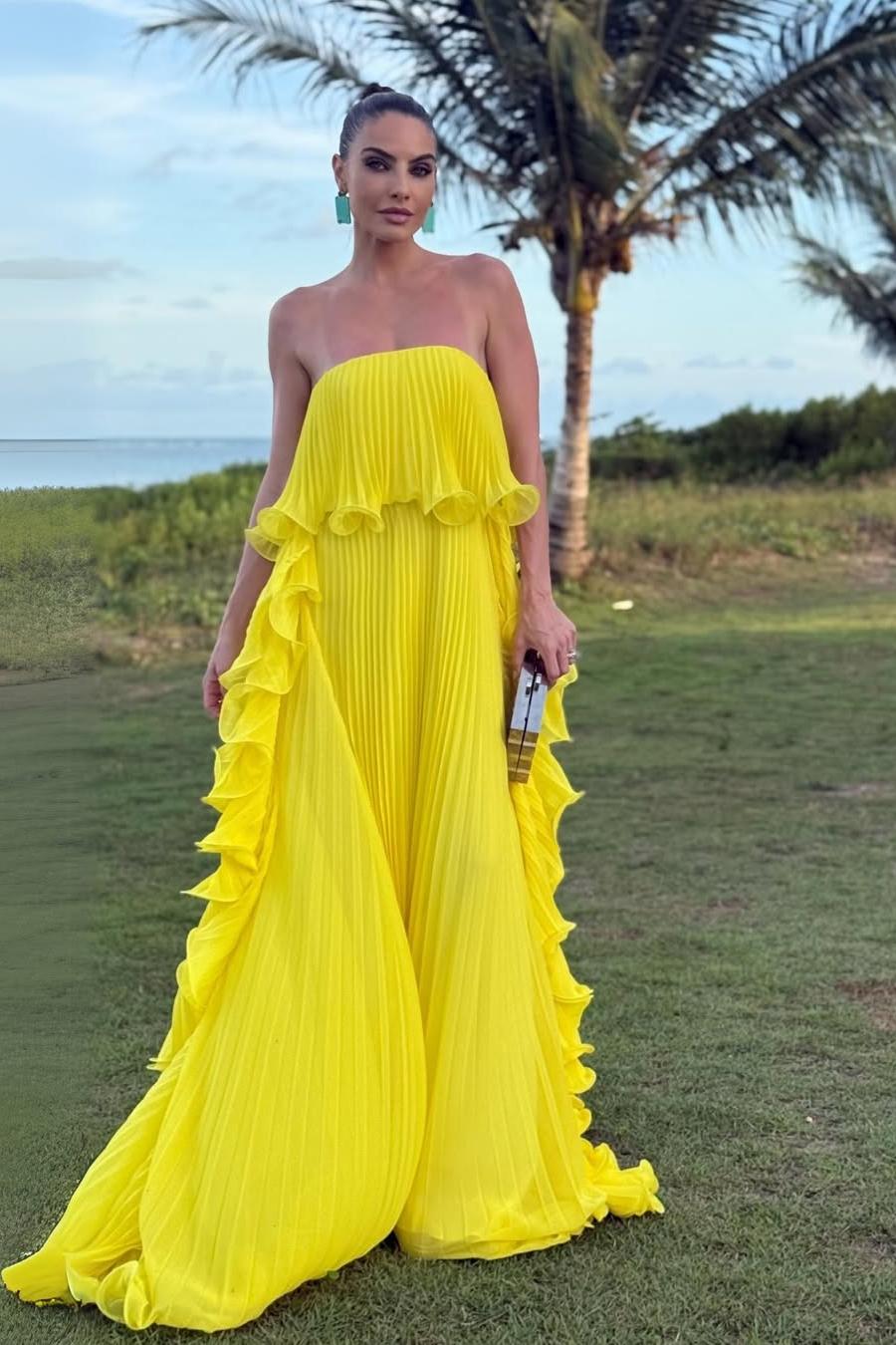 Lussooy Glamorous Chiffon Yellow Strapless Sleeveless Prom Dress with Ruffles 