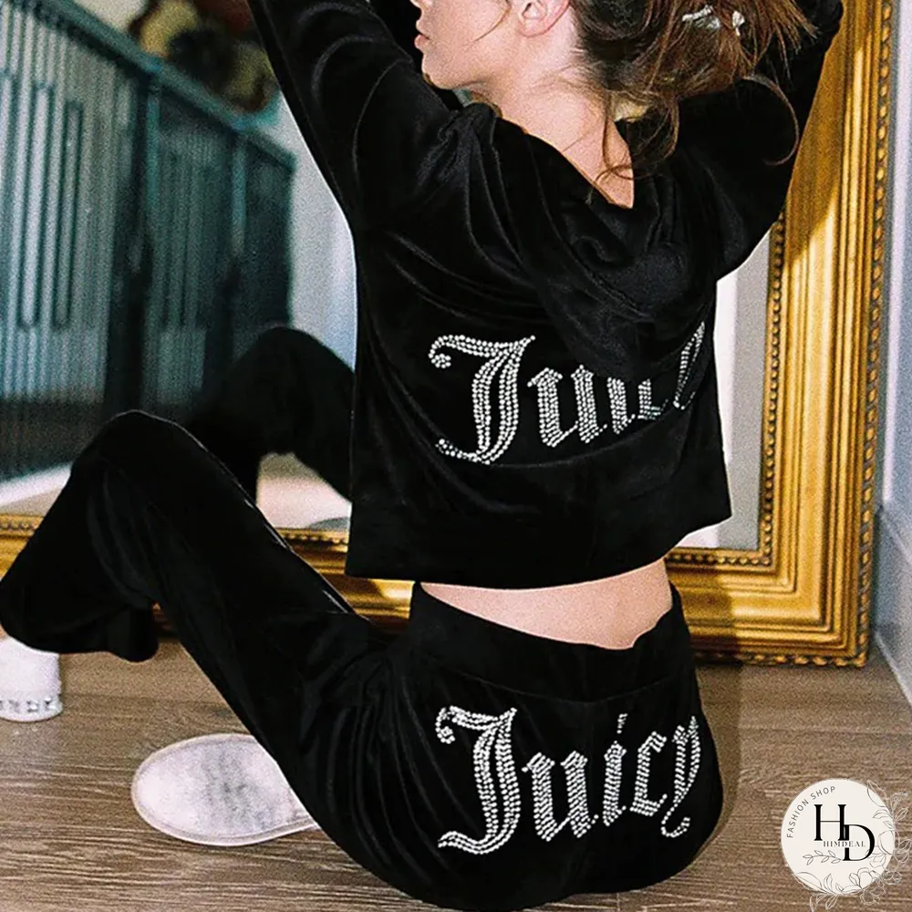 Autumn Casual High Street Velvet Suits Women Fashion Rhinestones Printed Letter Loose Hoodies + Long Pants Tracksuit 2 Piece Set