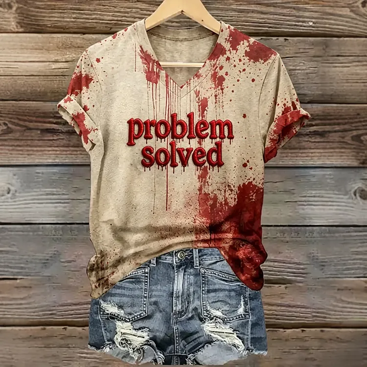 Women's Vintage Halloween Bloody Problem Solved Art Printed Short Sleeve T-shirt