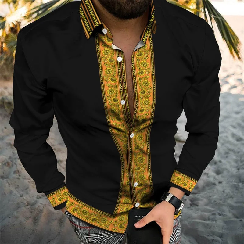 Aonga -  Retro Printing Long Sleeve Men Shirts Spring Autumn Casual Turn-down Collar Button Cardigan Tops Mens Fashion Clothes Streetwear aonga