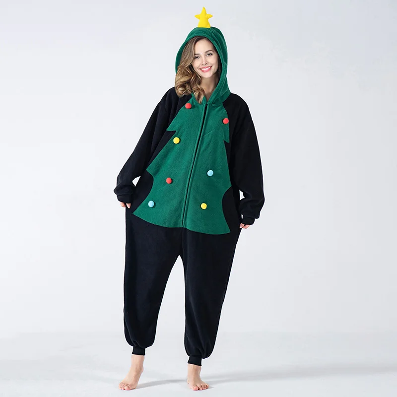  Women Pajama Christmas Gift Long Sleeves Christmas Tree Pattern Kigurumi  Zip Jumpsuit Loungewear Novameme