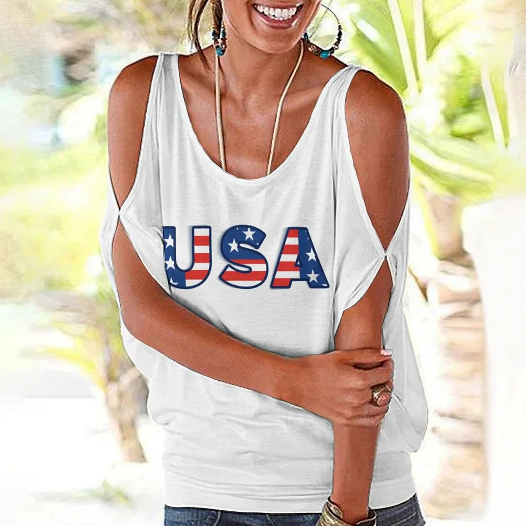 Shoulder Off  Loose Short Sleeve Casual T-shirt for Women Printed with Pattern USA, Independence Day, Star, Striped, Blue, Red