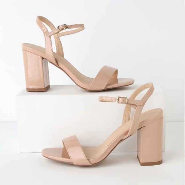 Nude patent outlet block heel sandals