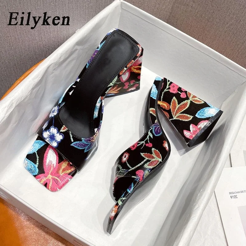 Eilyken Strange High Heels Women Mules Summer New Square Toe Colorful PU Leather Ladies Shoes Woman Slippers Sexy Party Slides