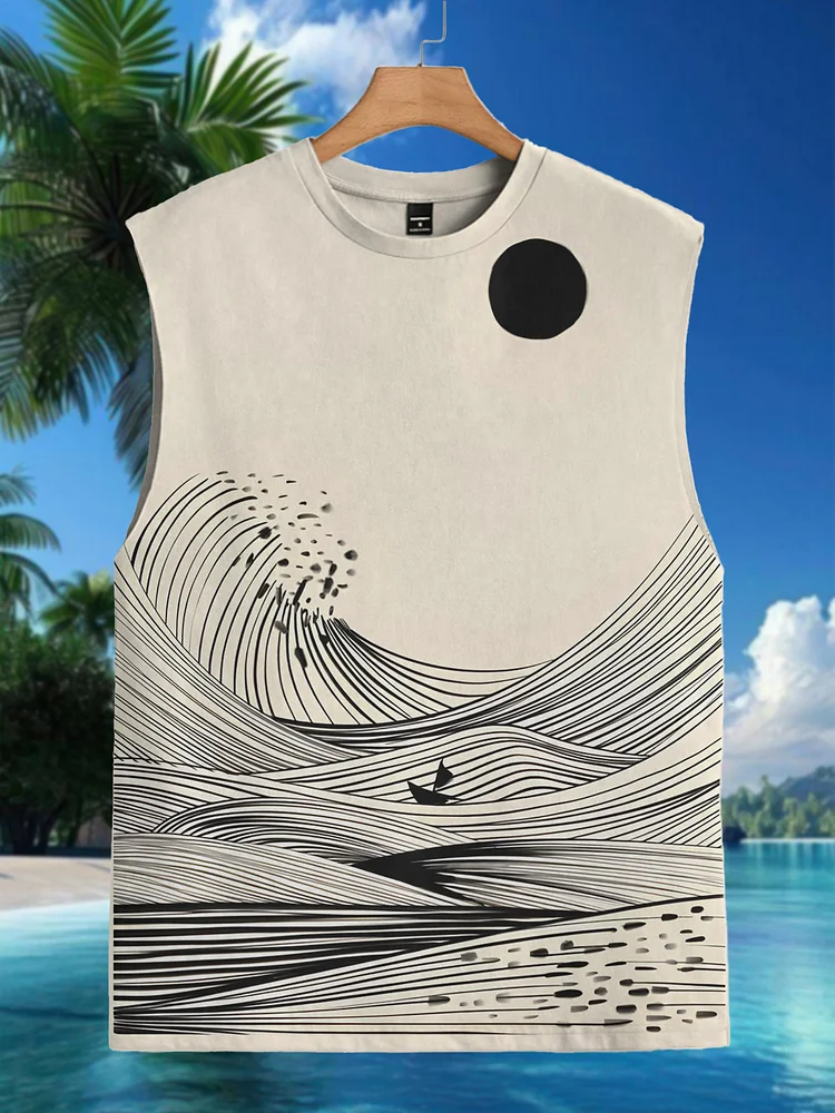 Men's Sea Wave Line Art Print Tank Top