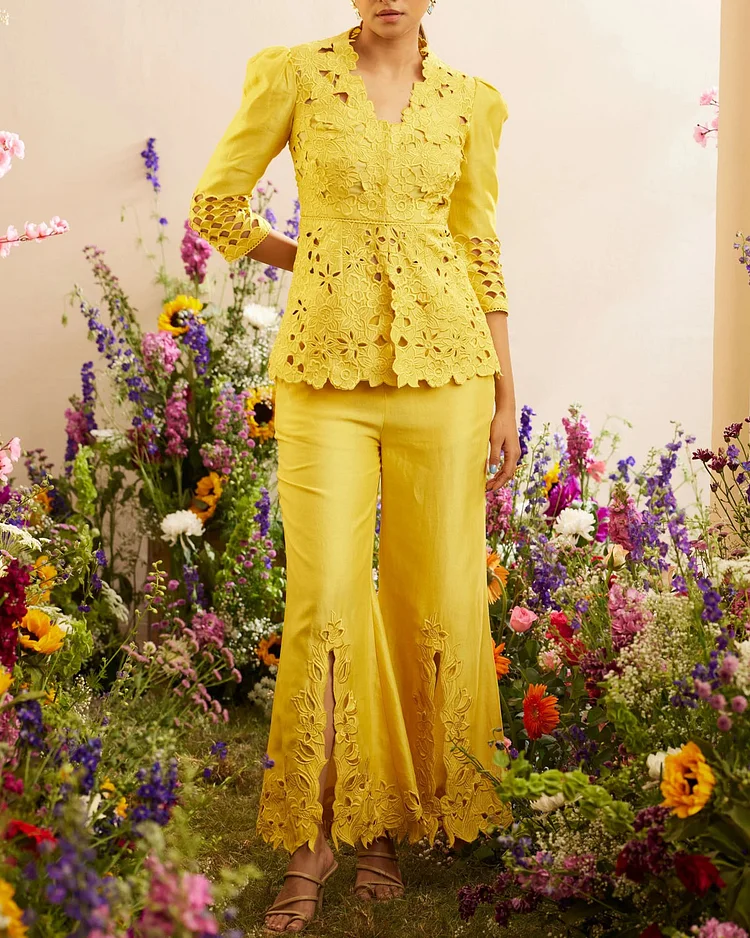 Yellow Cutwork Bell Bottoms and Top Two Piece Set