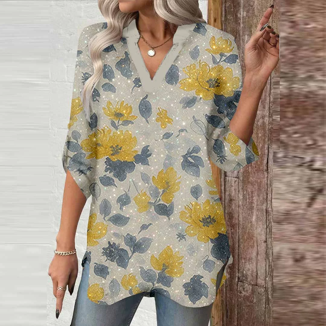 Women Glitter,Floral,Yellow DZGA0002 3/4 Sleeve V-neck Printed Graphic Button Tops