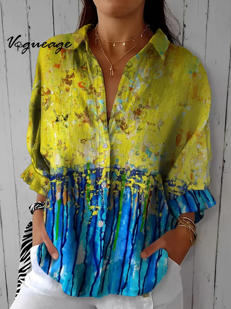 Bright And Elegant Artistic Colors Printed Cotton And Linen Shirt