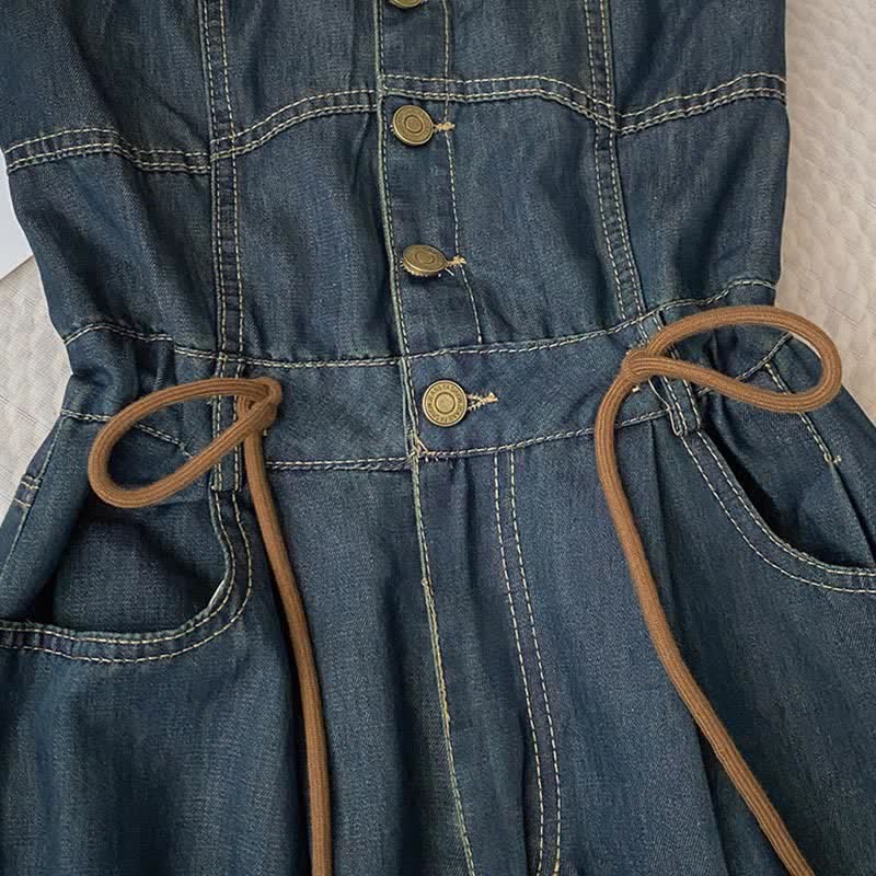 Pure Color Knit Cardigan Off The Shoulder Lace Up Denim Overalls