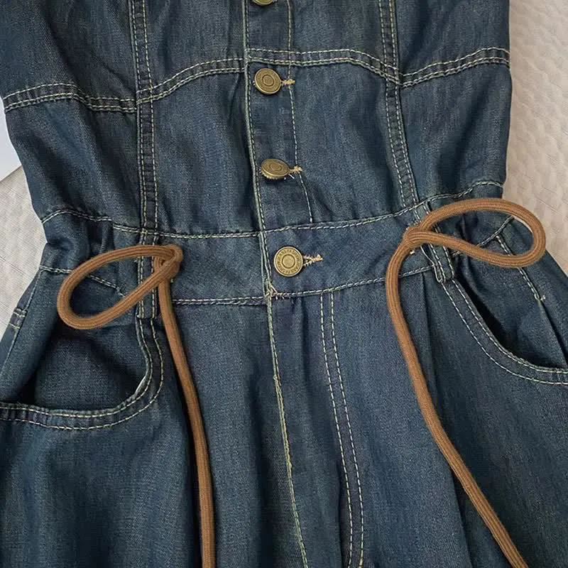 Pure Color Knit Cardigan Off The Shoulder Lace Up Denim Overalls