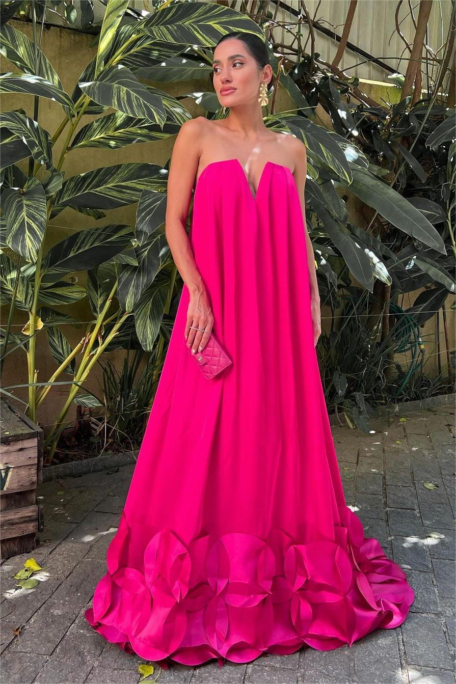 Oknass Fuchsia Strapless V Neck Sleeveless Long Prom Dress With Pleated