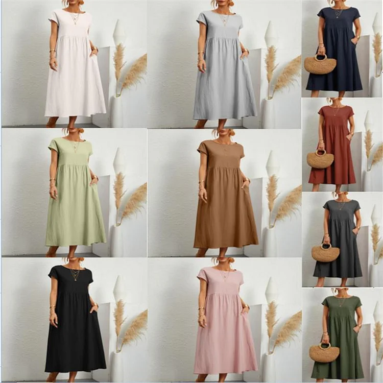 2023 Fashion Solid Color Cotton Linen Pocket Dress