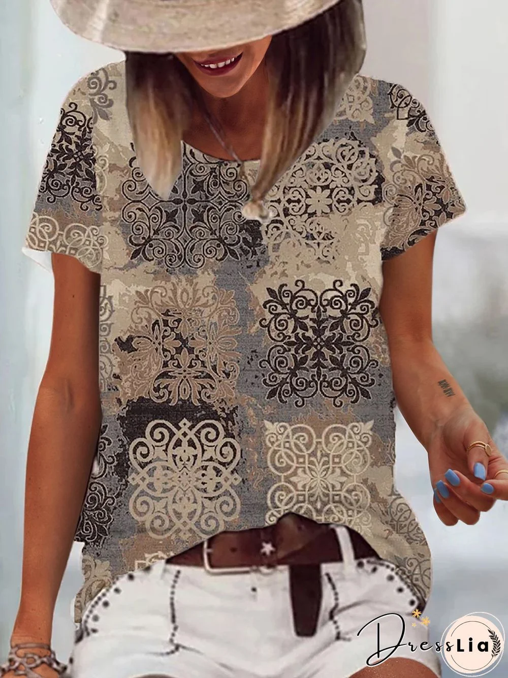 Casual Geometric Printed Round Neck Loosen Shirts & Tops