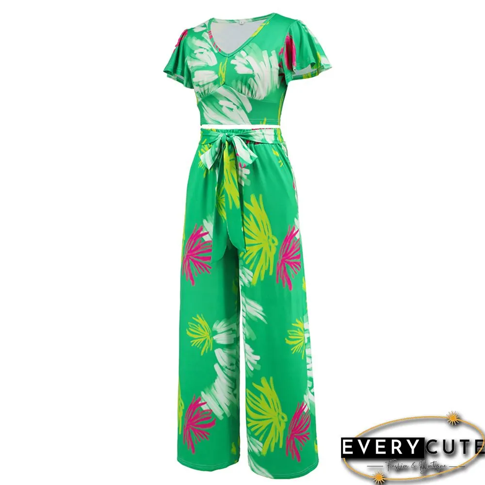 Green Printed V Neck Crop and Wide Leg Pant Set