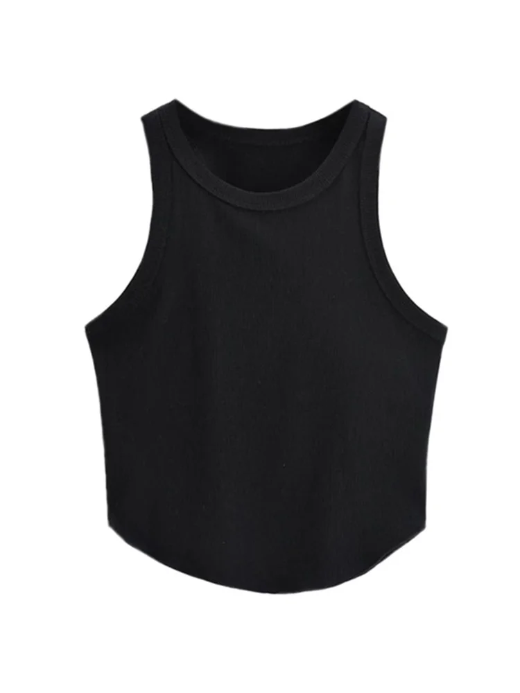 2023 Summer Solid Knitted Crop Top Round Neck Sleeveless Tanks Narrow Shoulder Vest