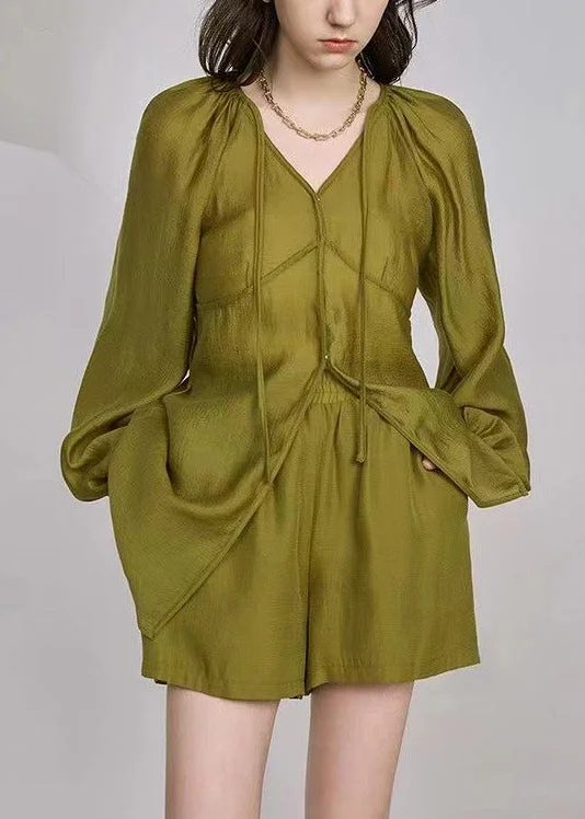 French Grass Green Lace Up Pockets Silk Two Piece Set Long Sleeve
