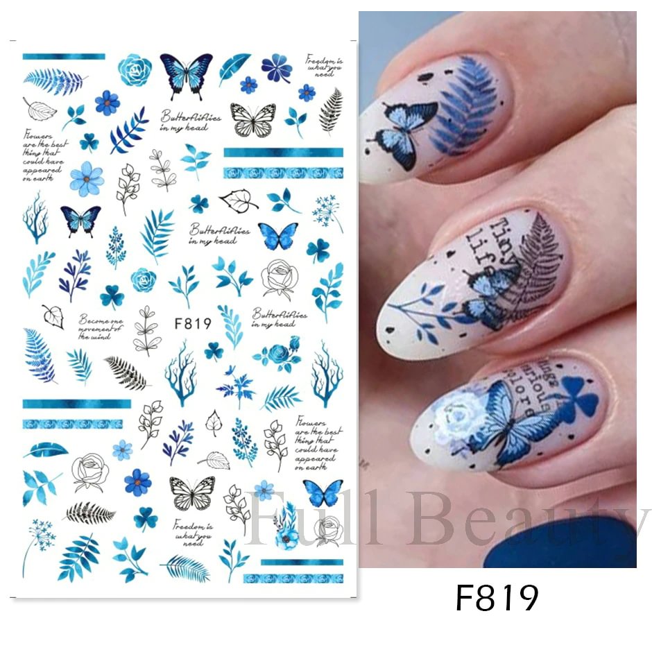 Agreedl Blue Butterfly Nail Aesthetics Stickers Flower Leaf Rose Floral Adhesive Sliders Summer Manicure DIY Charm Decal Wraps LYF819