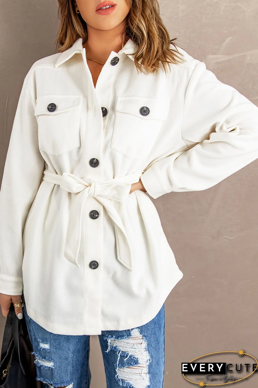 Khaki Lapel Button-Down Coat with Chest Pockets