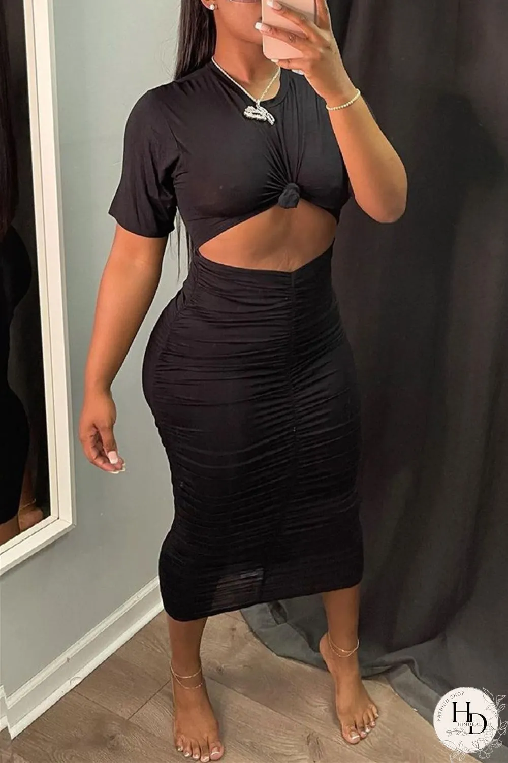 Orange Sexy Casual Solid Hollowed Out Fold O Neck Short Sleeve Dress