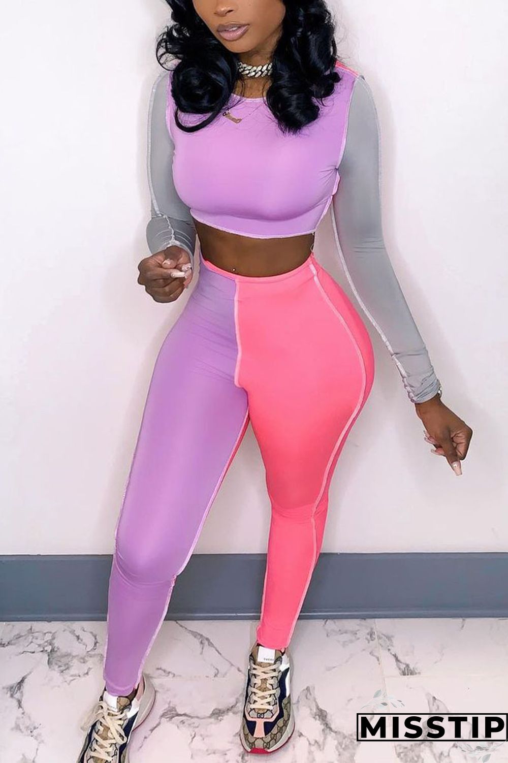 Orange Casual Solid Patchwork O Neck Long Sleeve Two Pieces