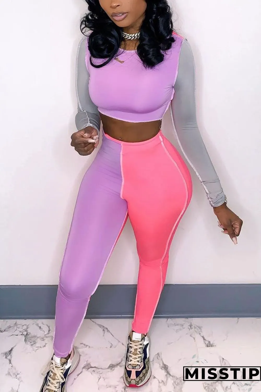 Orange Casual Solid Patchwork O Neck Long Sleeve Two Pieces