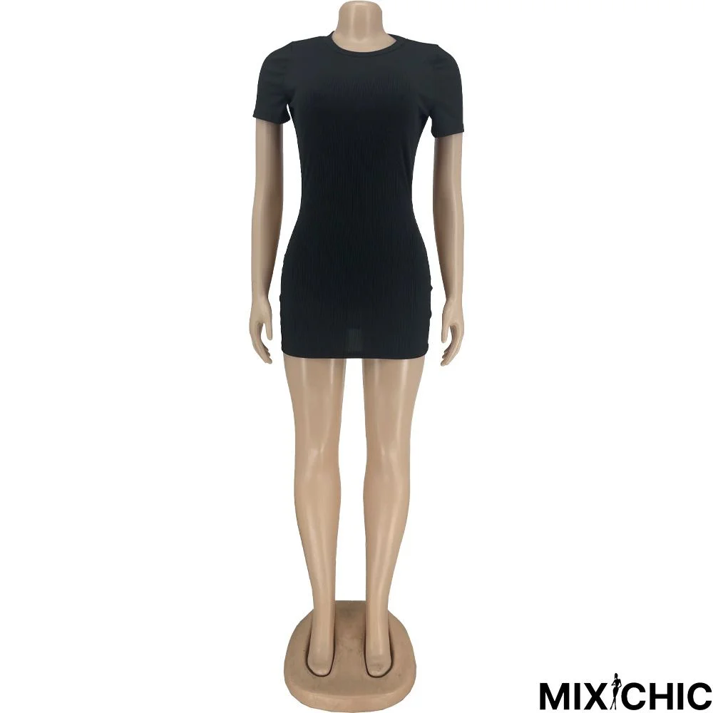 Sexy Tight Solid Color Package Hip Mini Dress