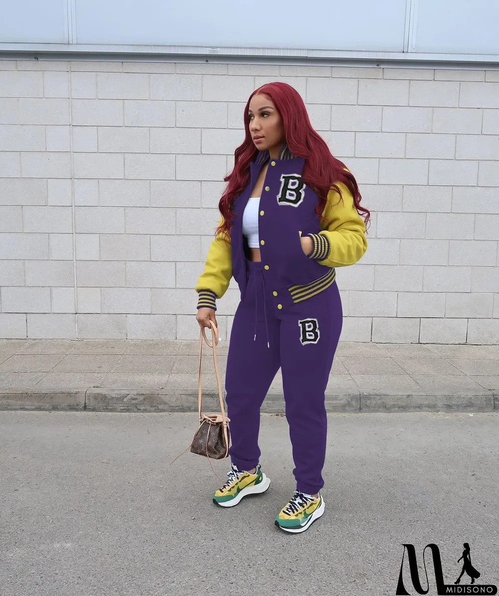 MidiSono - Women Letter Baseball Jacket and Pant Two-Piece Set
