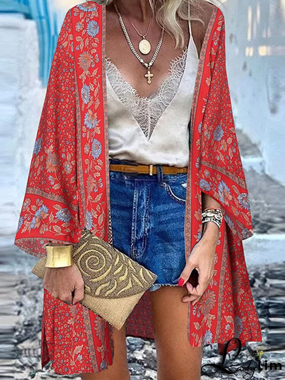 Bohemian Floral Print Loose Long Sleeve Kimono